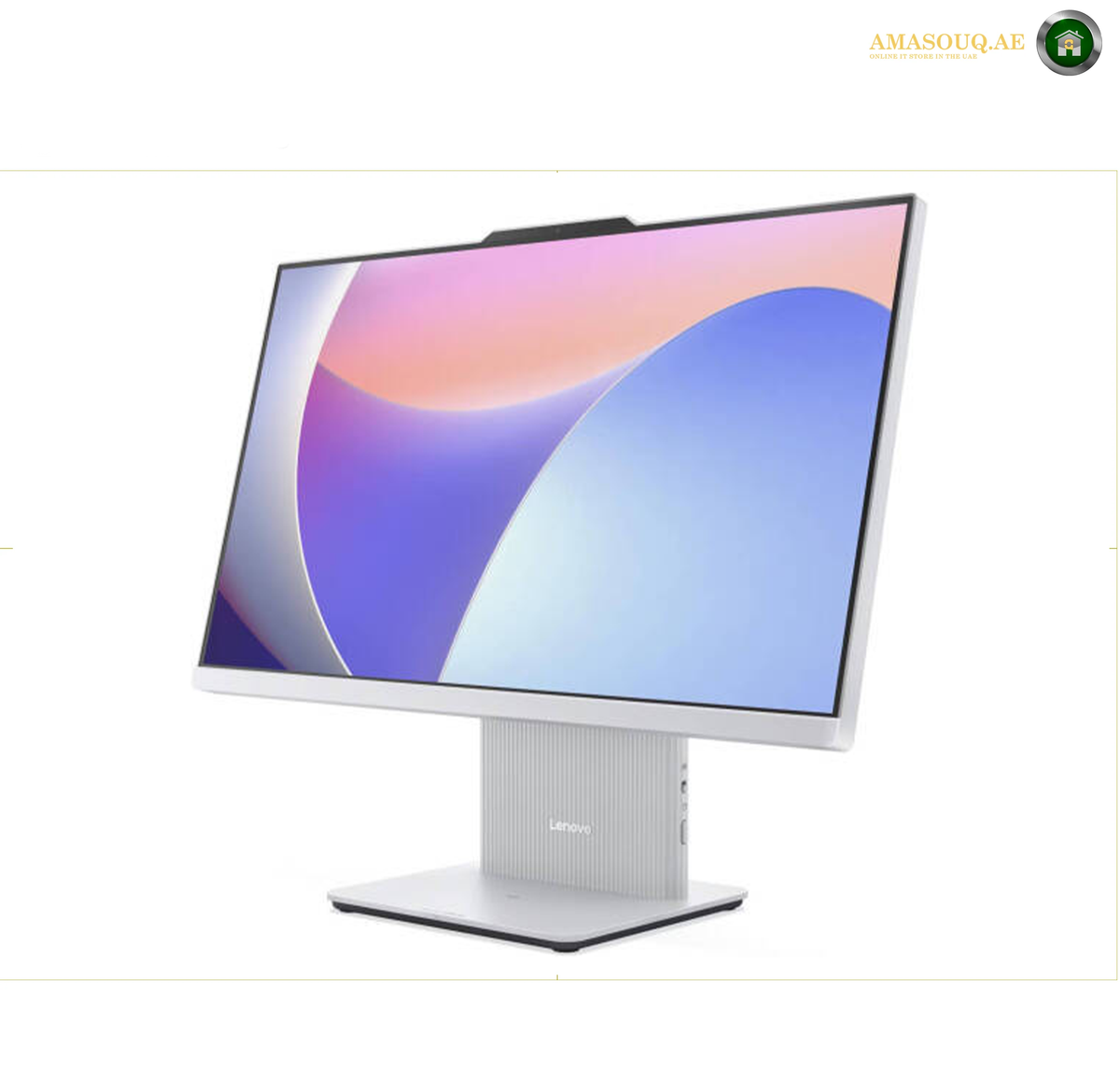Lenovo IdeaCentre AIO 24IRH9 Front View 23.8 FHD Touch Display | F0HN00M6AK. A modern Lenovo desktop monitor with a slim silver stand, shown at a three-quarter angle against a plain white background. The screen displays a colorful abstract wallpaper.