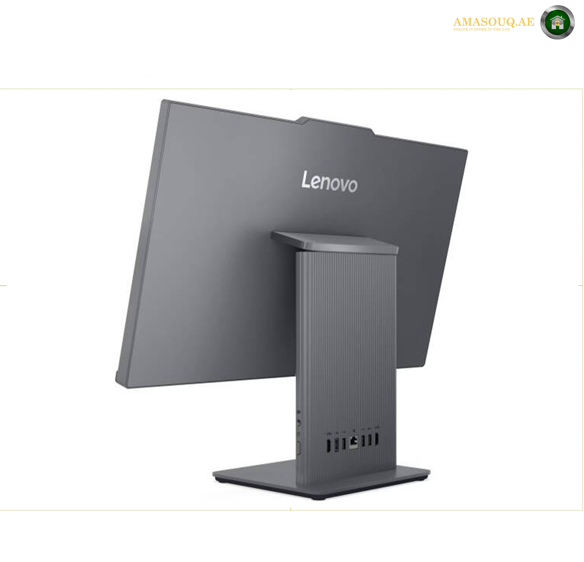 Lenovo IdeaCentre AIO 24IRH9 Side View Black All-in-One PC | F0HN00M4AK. A Lenovo desktop monitor with a dark gray frame and stand, shown from a three-quarters angle on a white background.