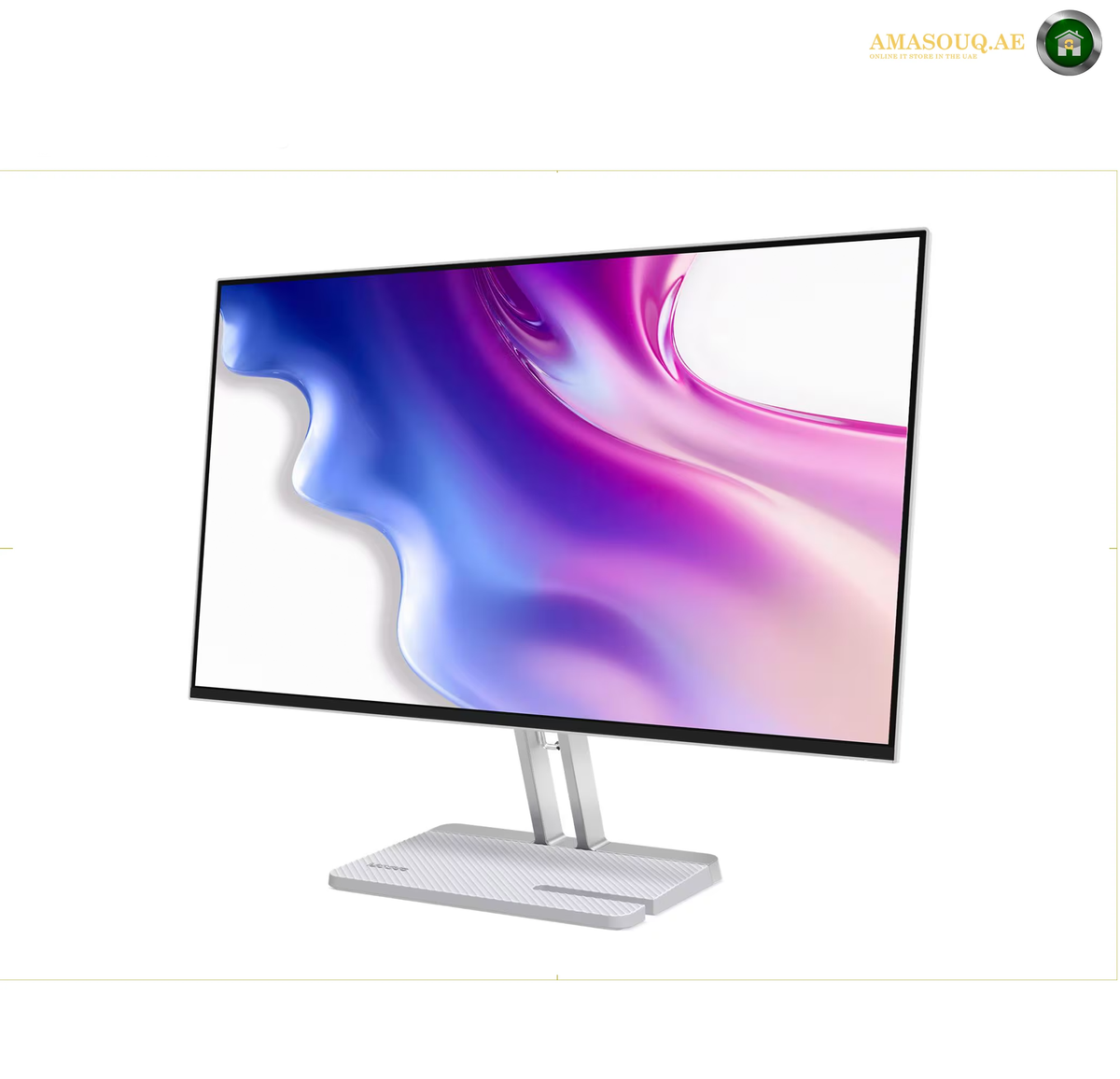 Lenovo L27-4C 144Hz monitor display detail | 67DEKAC1AE.Lenovo Legion gaming monitor with a black stand, shown at a three-quarter angle against a white background. The screen displays a colorful sci-fi landscape with the Lenovo Legion branding.
