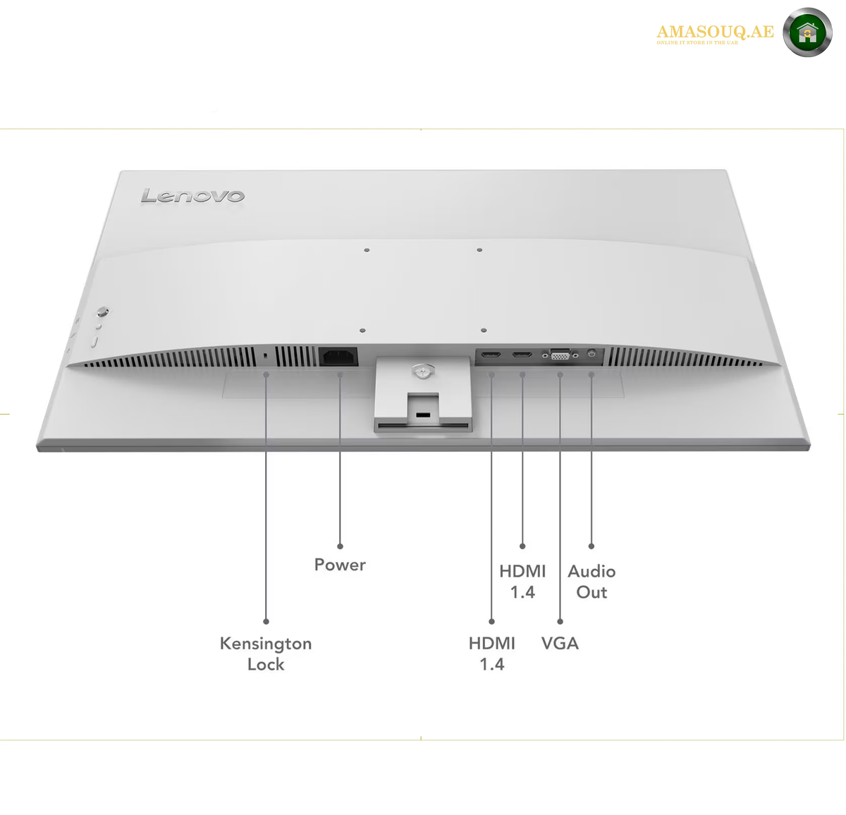 enovo L27-4C Cloud Grey monitor design | 67DEKAC1AE. A Lenovo desktop monitor shown from the back on a white background, with labeled callouts pointing to ports and features including Power, Kensington Lock, HDMI 1.4, VGA, Audio Out, and HDMI 1.