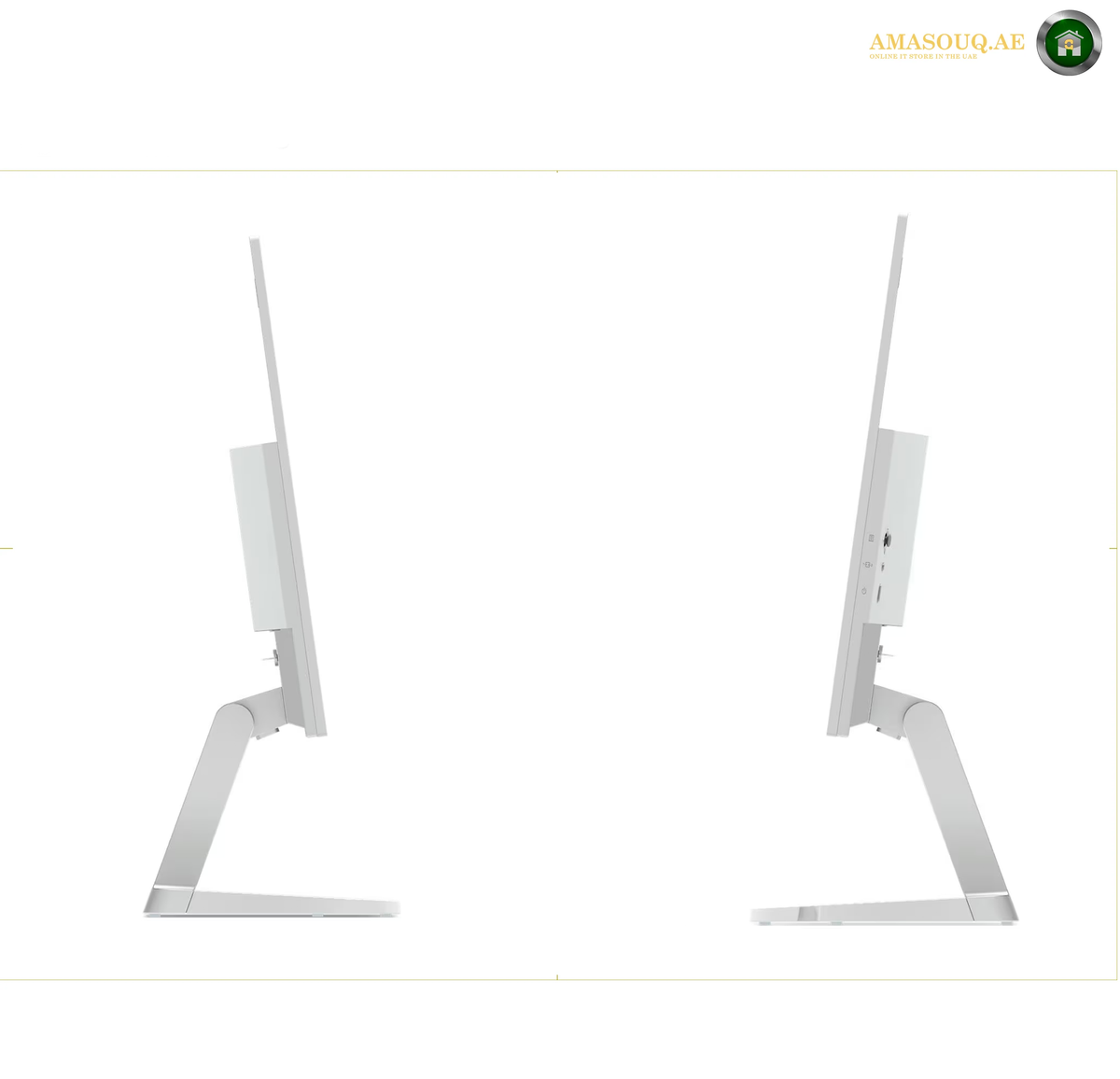Lenovo L27-4C four-sided ultra-thin bezel monitor | 67DEKAC1AE. Two views of a slim all-in-one computer monitor with a white bezel and a modern angled stand, shown from the left and right sides against a white background.