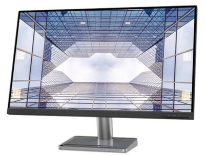 Lenovo L32p-30 31.5-inch 4K UHD IPS Monitor Front View. A computer monitor with a black bezel and stand, displaying a futuristic glass skyscraper interior scene on its screen, set against a plain white background.