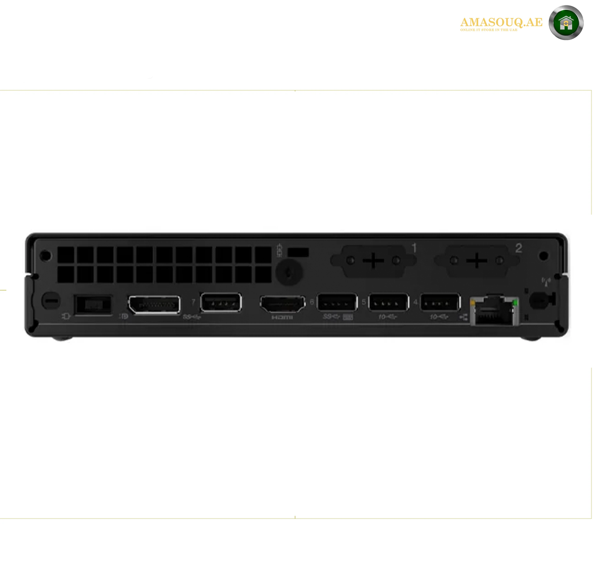 Rear view of a black desktop mini PC showing its various ports and connectors, including USB-A, USB-C, HDMI, DisplayPort, RJ45, and power inputs, on a white background.