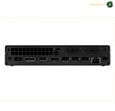 Rear view of a black desktop mini PC showing its various ports and connectors, including USB-A, USB-C, HDMI, DisplayPort, RJ45, and power inputs, on a white background.
