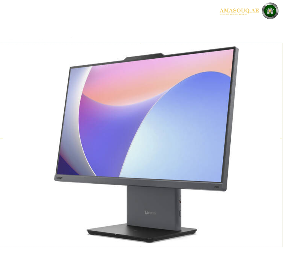 Lenovo ThinkCentre neo 50a 24 Gen 5 All-in-One PC 23.8 FHD Touch 12SC002LGR.A Lenovo desktop monitor with a slim black bezel and stand, displaying a colorful abstract wallpaper on a white background.