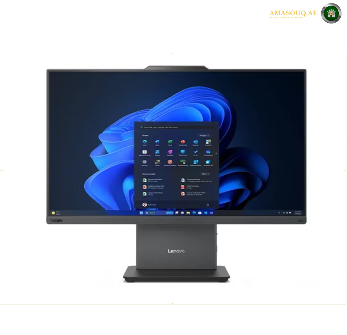 Lenovo ThinkCentre neo 50a 24 Gen 5 All-in-One PC 12SC009DGR.A Lenovo desktop monitor with a slim black bezel and stand, displaying a blue Windows 11 desktop background. The Lenovo logo is visible on the lower center of the stand.