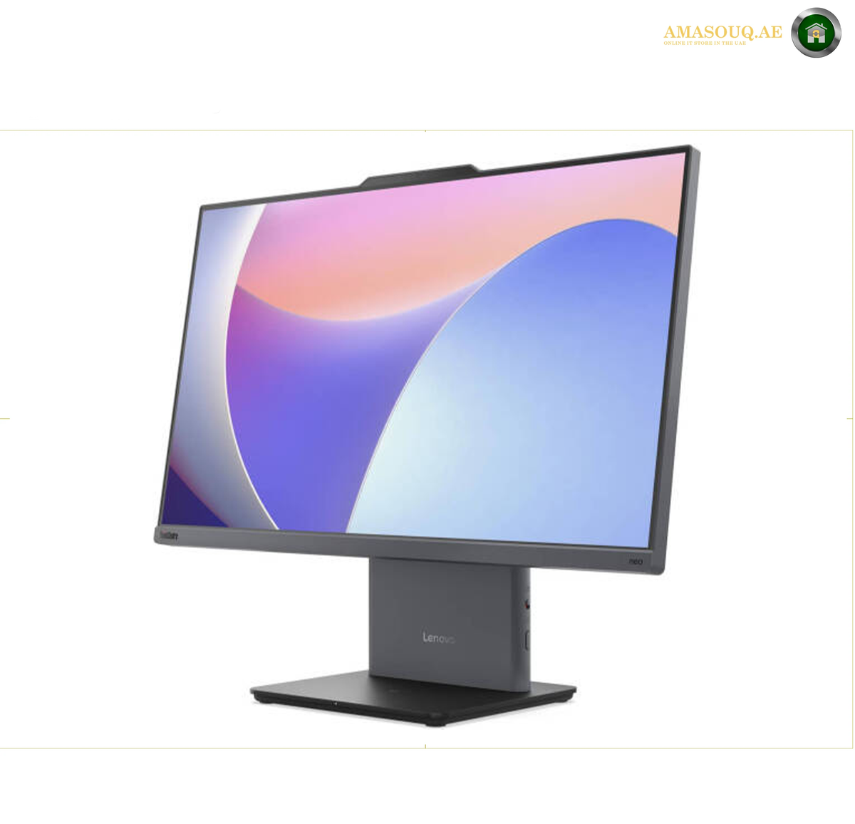 Lenovo ThinkCentre neo 50a 24 Gen 5 23.8 inch FHD Multi-Touch AIO.
A Lenovo desktop monitor with a slim black stand, shown at a three-quarter angle against a white background. The screen displays a colorful abstract wallpaper.