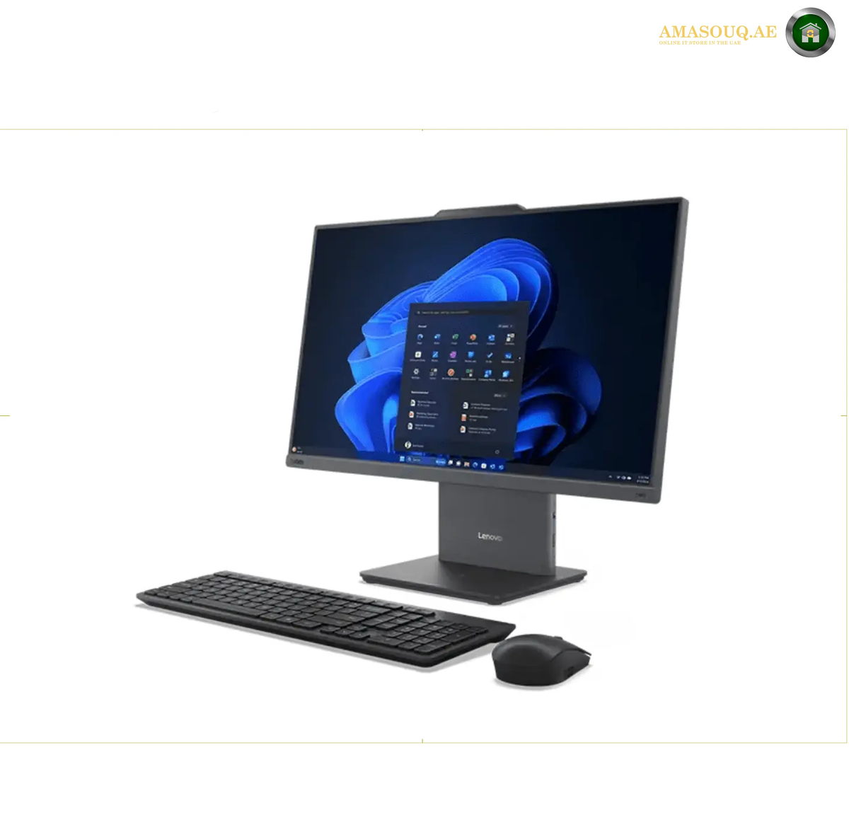 Lenovo ThinkCentre neo 50a 24 Gen 5 23.8 inch FHD Touch Black AIO.Lenovo all-in-one desktop computer with a black stand, wireless keyboard, and mouse on a white background. The desktop display is turned on and shows a blue Windows desktop.