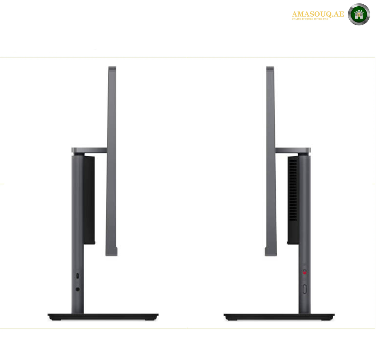 Lenovo ThinkCentre neo 50a 24 Gen 5 Arabic Keyboard All-in-One.Two side-by-side views of a slim gray desktop monitor stand on a white background, showing the left and right profile angles of the stand and monitor base.
