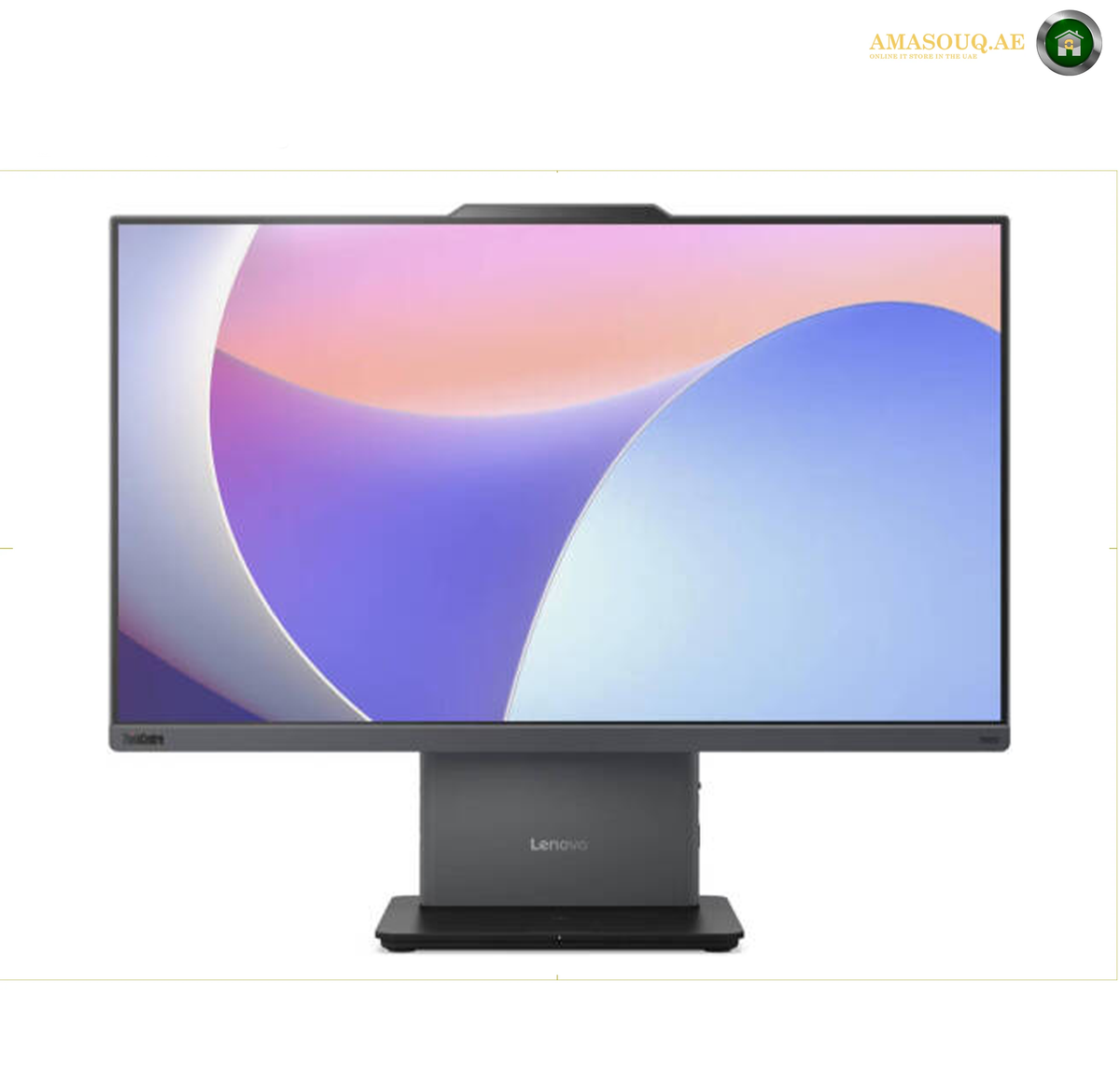Lenovo ThinkCentre neo 50a 24 Gen 5 Intel Core 7 240H All-in-One.A Lenovo desktop monitor with a slim black bezel and stand, displaying a colorful abstract screen wallpaper on a white background.