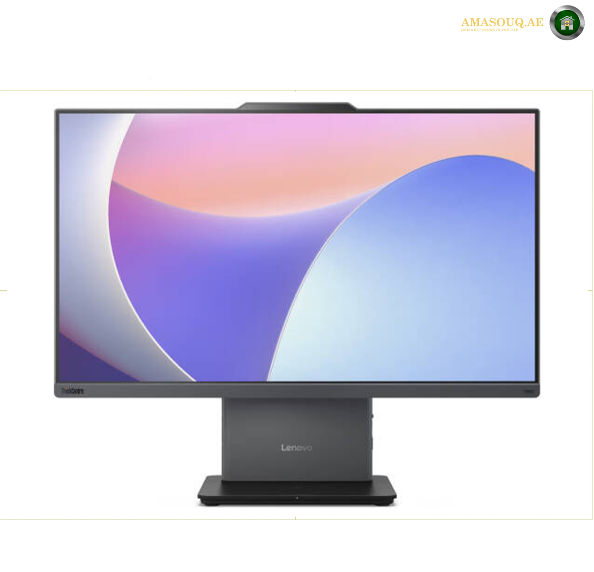 Lenovo ThinkCentre neo 50a 24 Gen 5 23.8 inch FHD Touch All-in-One Front View 12SC002LGR. A Lenovo desktop monitor with a slim black bezel and stand, displaying a colorful abstract screen wallpaper on a white background.