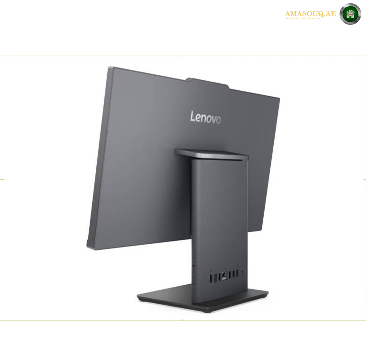 Lenovo ThinkCentre neo 50a 24 Gen 5 Luna Grey All-in-One PC.A Lenovo all-in-one desktop computer shown from a three-quarters rear angle, featuring a dark gray matte finish and a built-in tower on the stand, set against a plain white background.