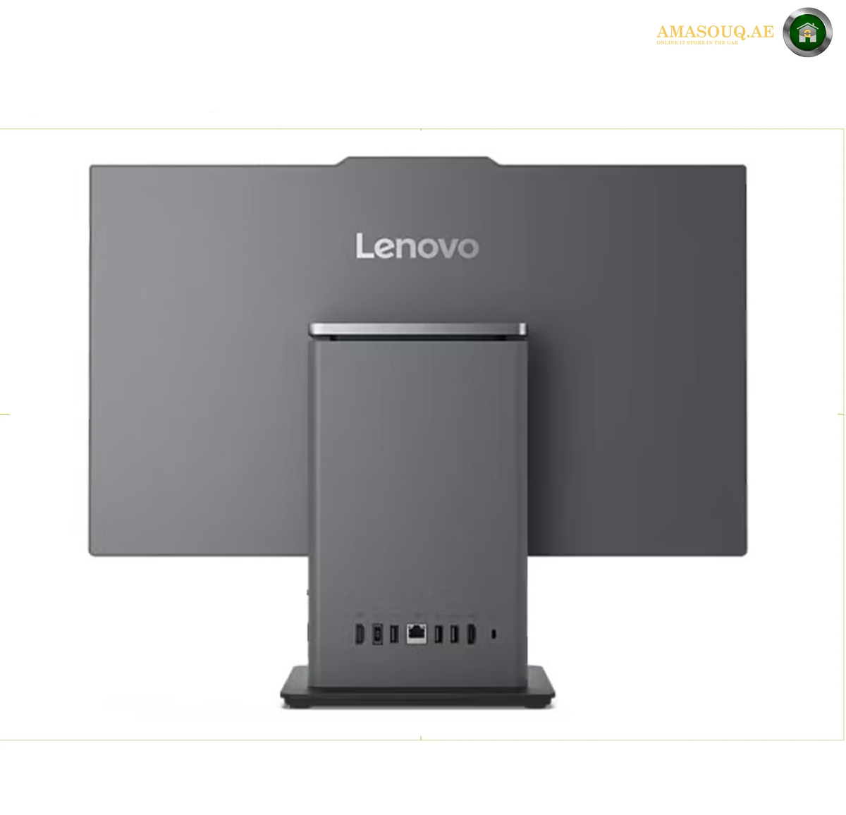 Lenovo ThinkCentre neo 50a 24 Gen 5 Luna Grey All-in-One PC 12SC009DGR.Lenovo desktop computer tower with an integrated rear display, shown from the back on a white background.