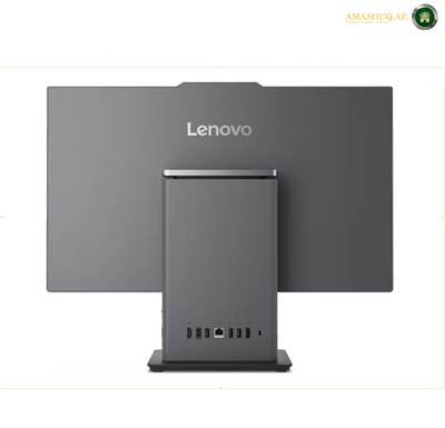 Lenovo ThinkCentre neo 50a 24 Gen 5 Luna Grey All-in-One PC 12SC009DGR.Lenovo desktop computer tower with an integrated rear display, shown from the back on a white background.