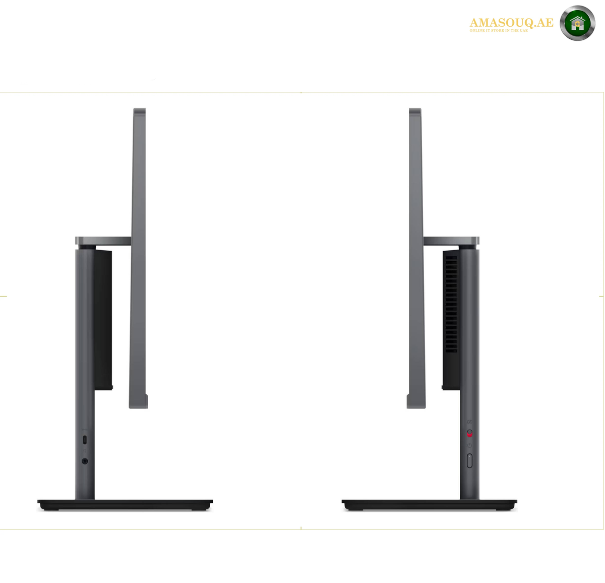 Lenovo ThinkCentre neo 50a 24 Gen 5 All-in-One Rear View 12SC002LGR.Two side-by-side views of a slim black computer monitor on a white background, showing the left and right profile angles of the stand and monitor body.