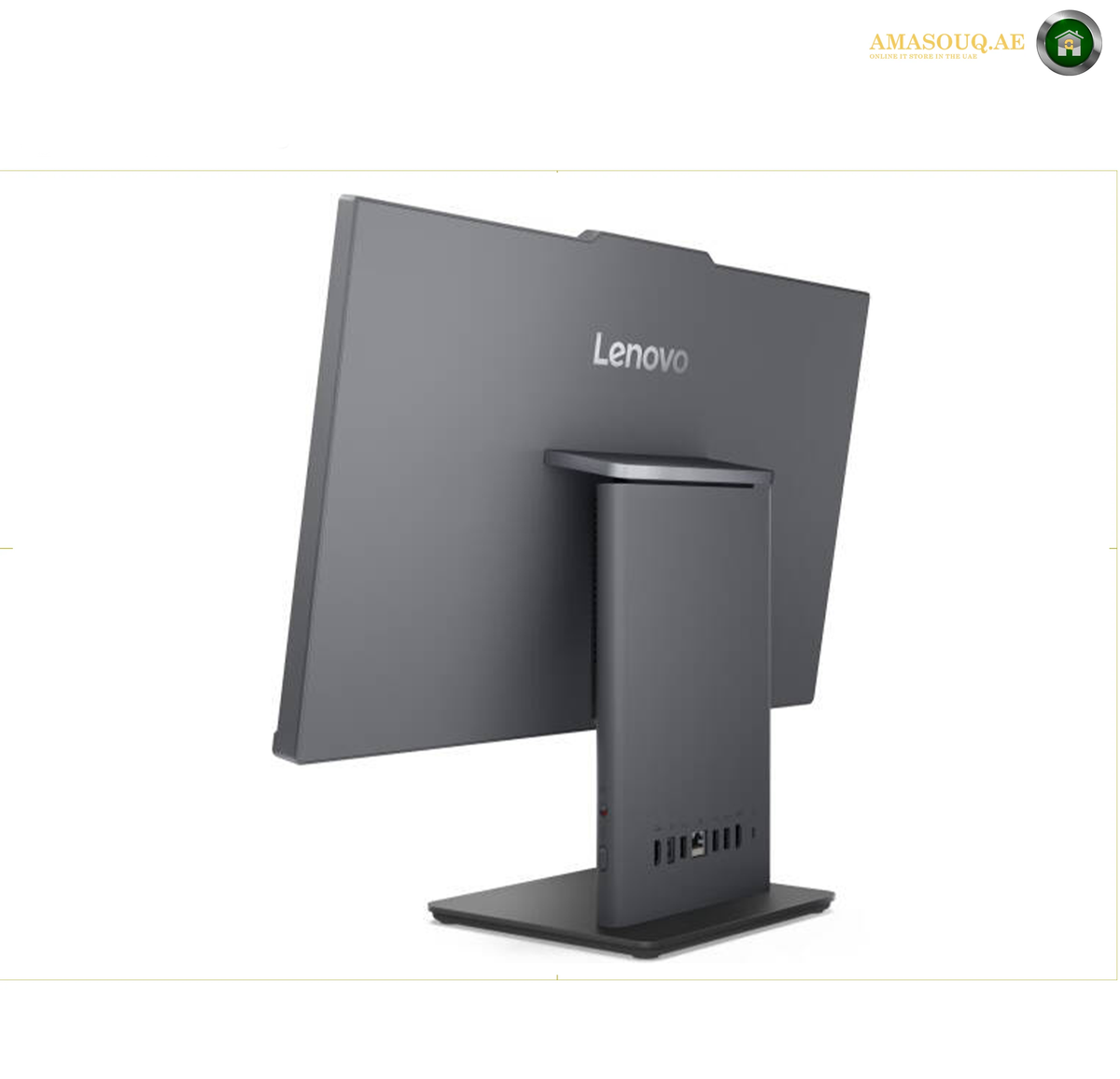 Lenovo ThinkCentre neo 50a 24 Gen 5 Black All-in-One Side View 12SC002LGR.A Lenovo computer monitor shown from the back, featuring a dark gray screen and a matching vertical stand on a white background.