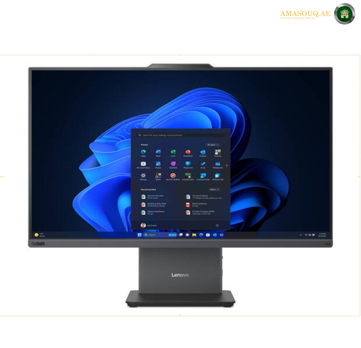 Lenovo ThinkCentre neo 50a 24 Gen 6 Intel Core Ultra 5 226V AIO.A Lenovo ThinkCentre desktop monitor with a slim black bezel and stand, displaying a blue Windows desktop background. The Lenovo logo is visible on the center of the stand.