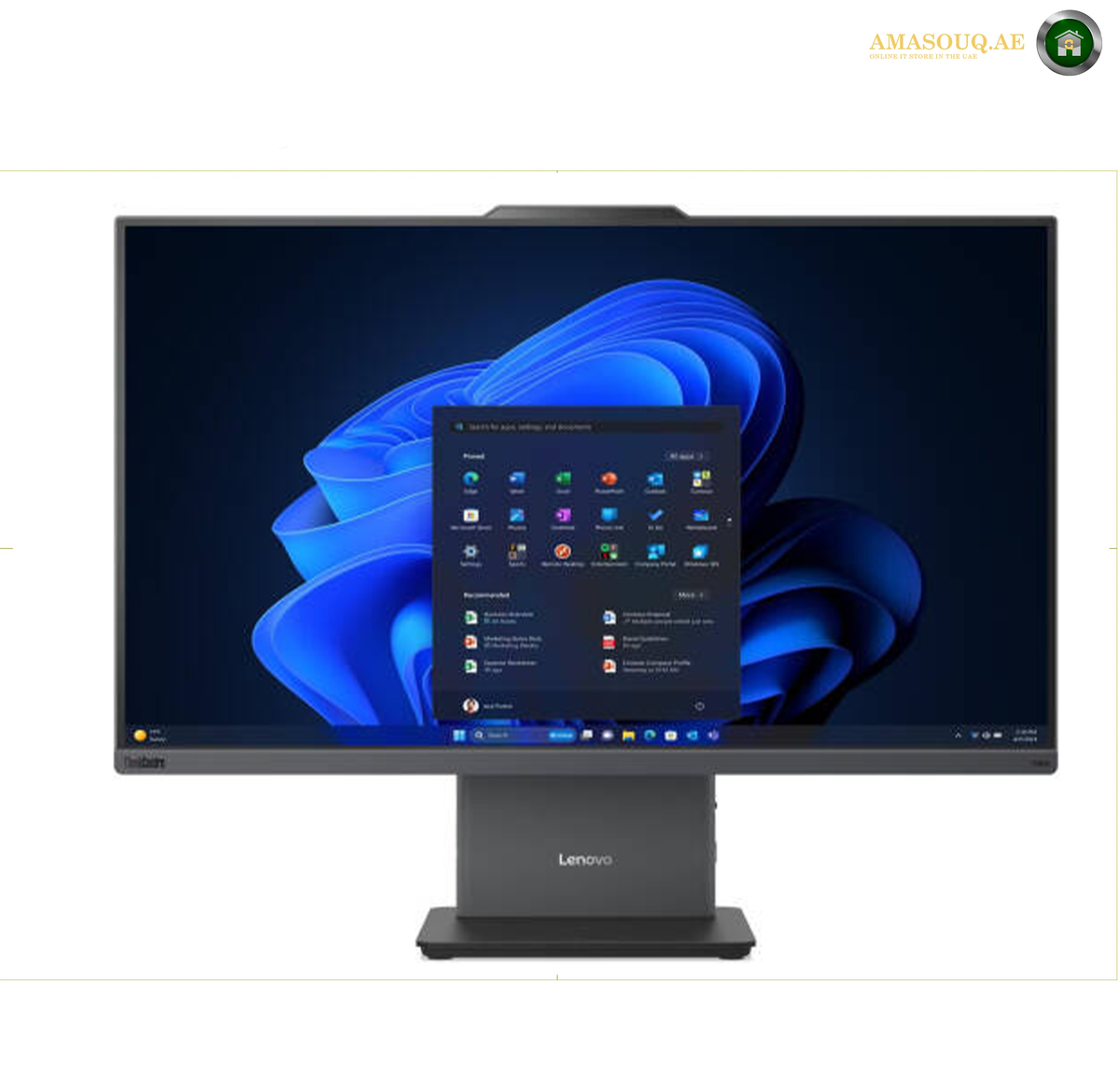 Lenovo ThinkCentre neo 50a 24 Gen 6 Intel Core Ultra 7 256V All-in-One.A Lenovo ThinkCentre desktop computer with a 24-inch LED-backlit monitor, shown on a plain white background. The monitor displays the Windows 11 desktop environment with a blue abstract wallpaper and an open app launcher window.