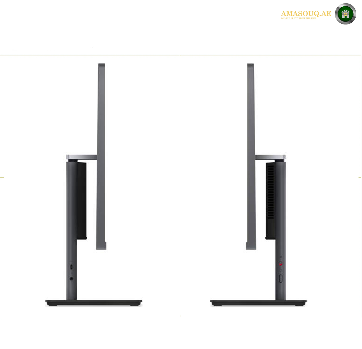 Lenovo ThinkCentre neo 50a 24 Gen 6 English EOS Wireless Keyboard. Two views of a slim black computer monitor stand on a white background, showing the front and side profiles. The brand name 'AMASOUQAE' is visible in the top right corner.
