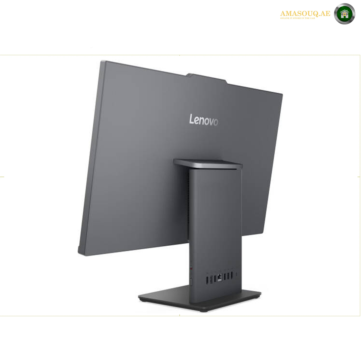Lenovo ThinkCentre neo 50a 24 Gen 6 Luna Grey All-in-One PC.A Lenovo desktop monitor with a dark gray frame and stand, shown from a three-quarters angle on a white background.