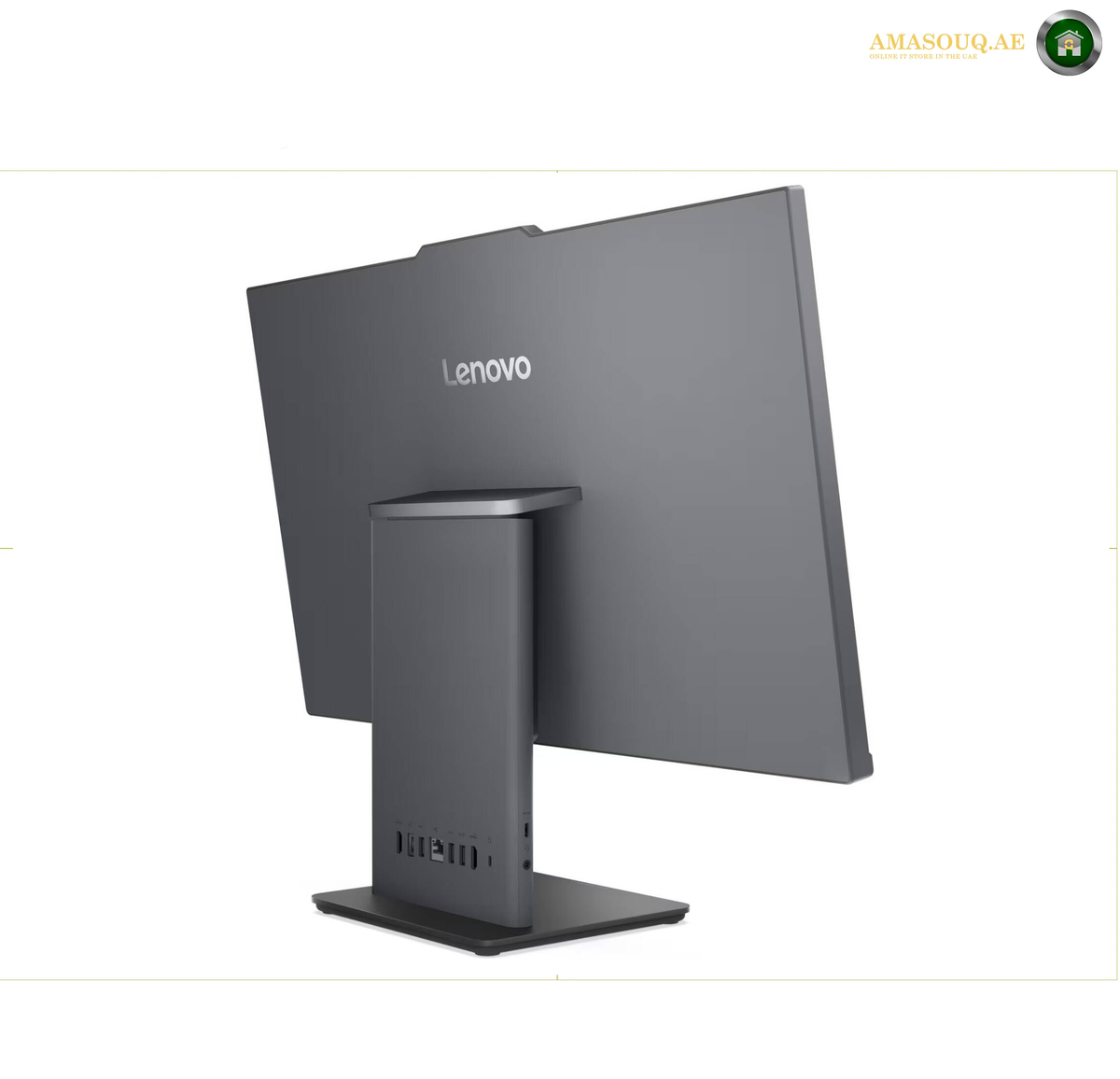 Lenovo ThinkCentre neo 50a 27 Gen 5 Rear View All-in-One PC. A Lenovo desktop monitor with a dark gray frame and stand, shown from a three-quarters angle on a white background.