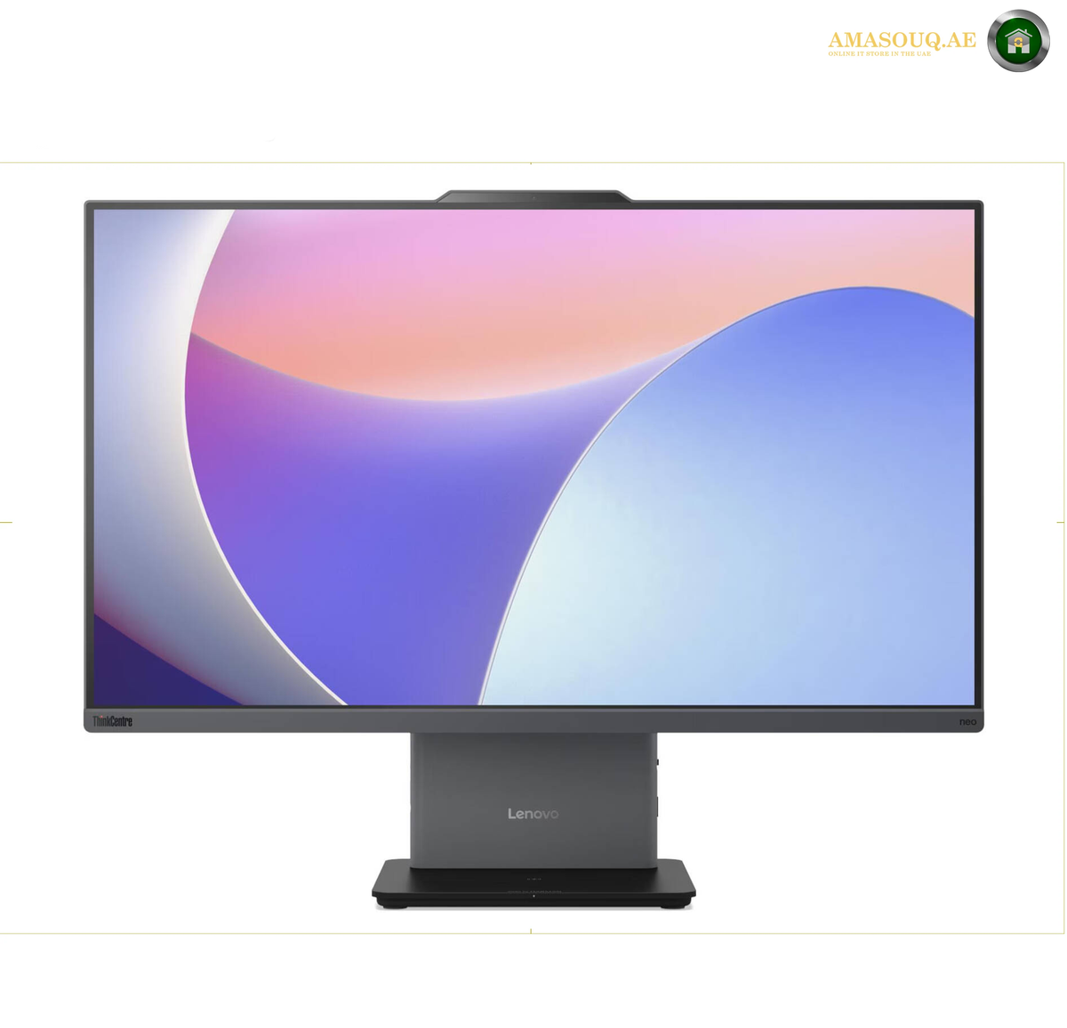 Lenovo ThinkCentre neo 50a 27 Gen 5 Intel Core 7 240H All-in-One. A Lenovo ThinkCentre desktop monitor with a slim black bezel and stand, displaying a colorful abstract wallpaper on a white background.