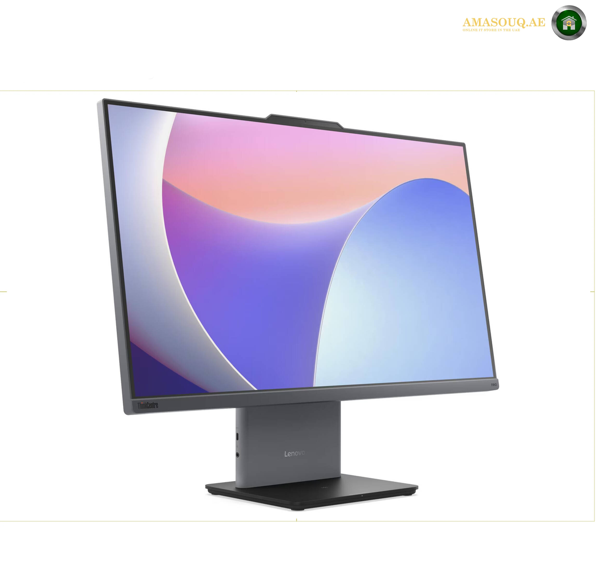 Lenovo ThinkCentre neo 50a 27 Gen 5 Front View 27 FHD AIO. A Lenovo ThinkCentre desktop computer with a slim 24-inch LED-backlit monitor, shown at a three-quarter angle on a white background with a small logo watermark in the top right corner.