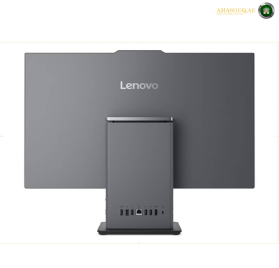 Lenovo ThinkCentre neo 50a 27 Gen 5 Luna Grey All-in-One PC. Lenovo all-in-one desktop computer with a large dark gray monitor and matching tower, shown from the back on a white background.
