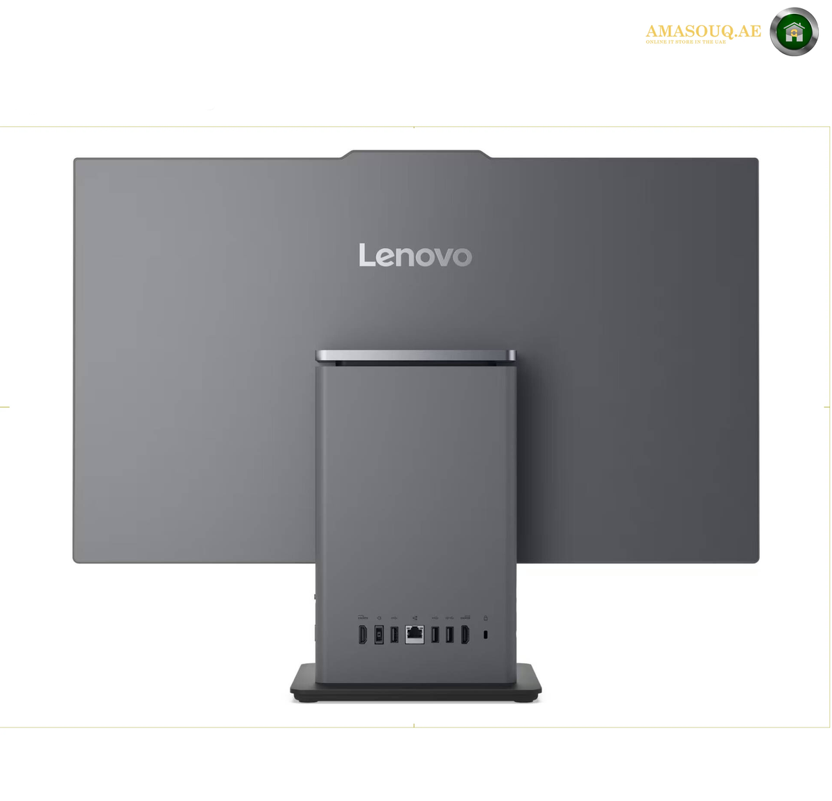 Lenovo ThinkCentre neo 50a 27 Gen 5 Office All-in-One Desktop. Lenovo all-in-one desktop computer with a large dark gray monitor and matching tower, shown from the back on a white background.