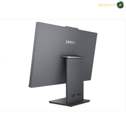 Lenovo ThinkCentre neo 50a 27 Gen 6 Rear View All-in-One Desktop 13QE000RGR.A Lenovo computer monitor shown from the rear three-quarter angle, featuring a dark gray matte finish and a matching stand, set against a plain white background.