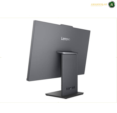 Lenovo ThinkCentre neo 50a 27 Gen 6 Rear View All-in-One Desktop 13QE000RGR.A Lenovo computer monitor shown from the rear three-quarter angle, featuring a dark gray matte finish and a matching stand, set against a plain white background.