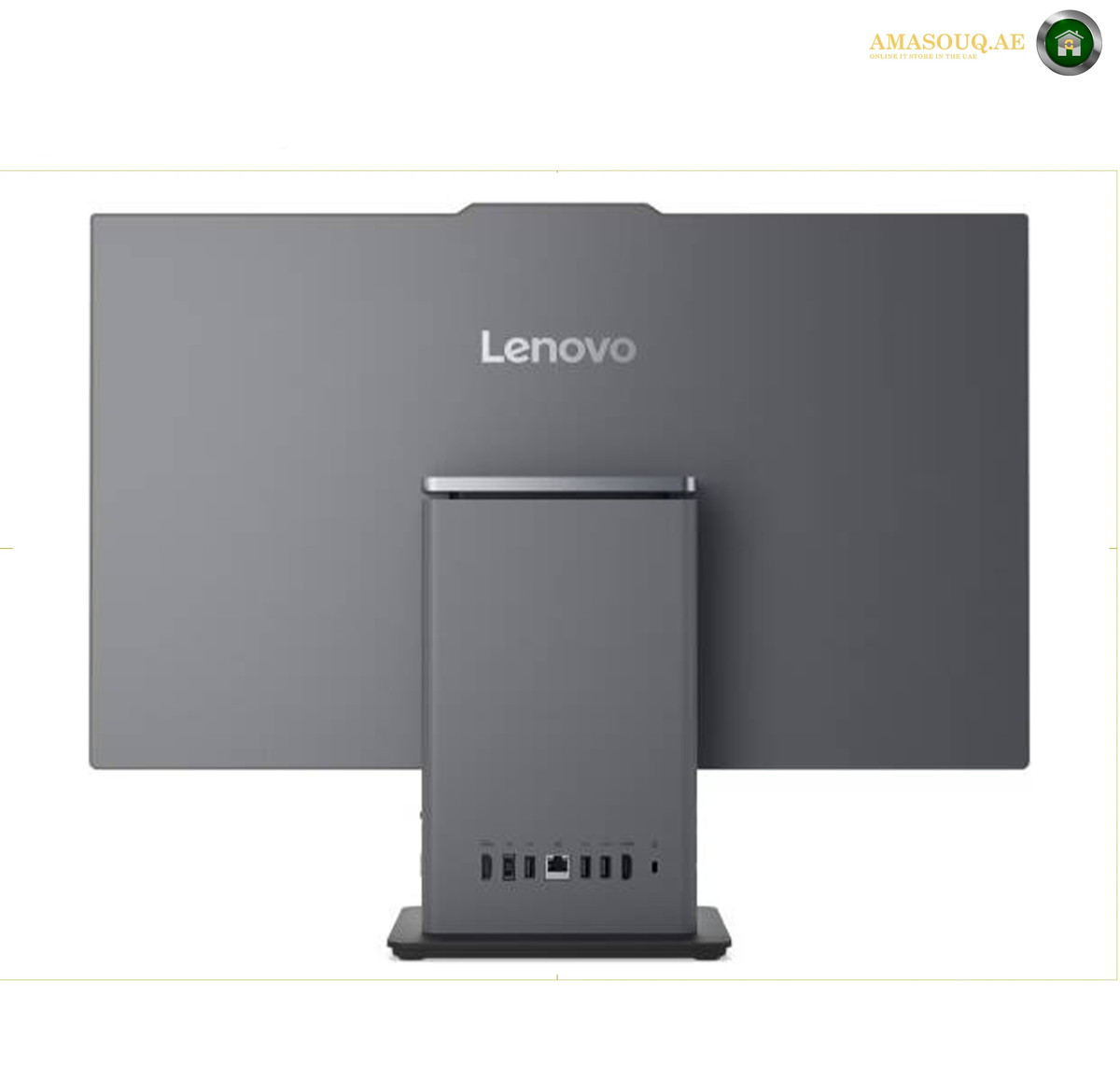 Lenovo ThinkCentre neo 50a 27 Gen 6 Core Ultra 7 side view All-in-One PC 13QE000RGP. Lenovo desktop computer with an integrated rear-facing monitor and tower, shown from the back on a white background.