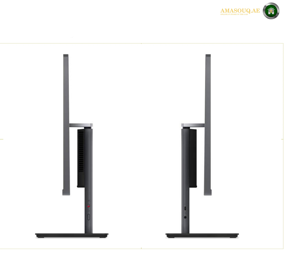 Lenovo ThinkCentre neo 50a 27 Gen 6 27-inch FHD Non-Touch Display.A dark gray dual-monitor desktop computer stand shown from two side angles on a white background, featuring a vertical cooling vent on the stand column and a slim base.