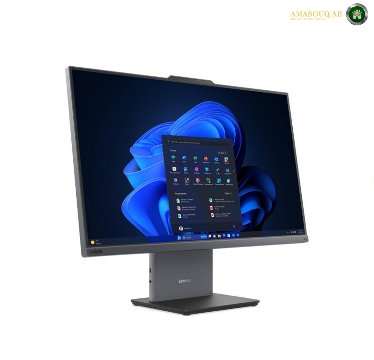 Lenovo ThinkCentre neo 50a 27 Gen 6 27 inch FHD Touchscreen All-in-One Luna Grey 13QE000RGP. 
A Lenovo ThinkPad desktop monitor with a slim dark gray stand and bezel, displaying the Windows 11 desktop on a clean white background.