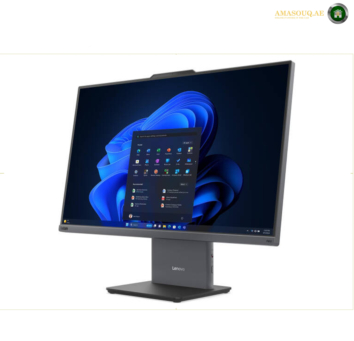 Lenovo ThinkCentre neo 50a 27 Gen 6 27-inch FHD AIO Front View.A Lenovo all-in-one desktop computer with a slim stand, shown at a three-quarter angle on a white background. The screen displays the Windows 11 desktop interface.