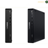 A Lenovo ThinkCentre small desktop computer shown from two angles on a white background, displaying the front and side views of its matte black chassis.