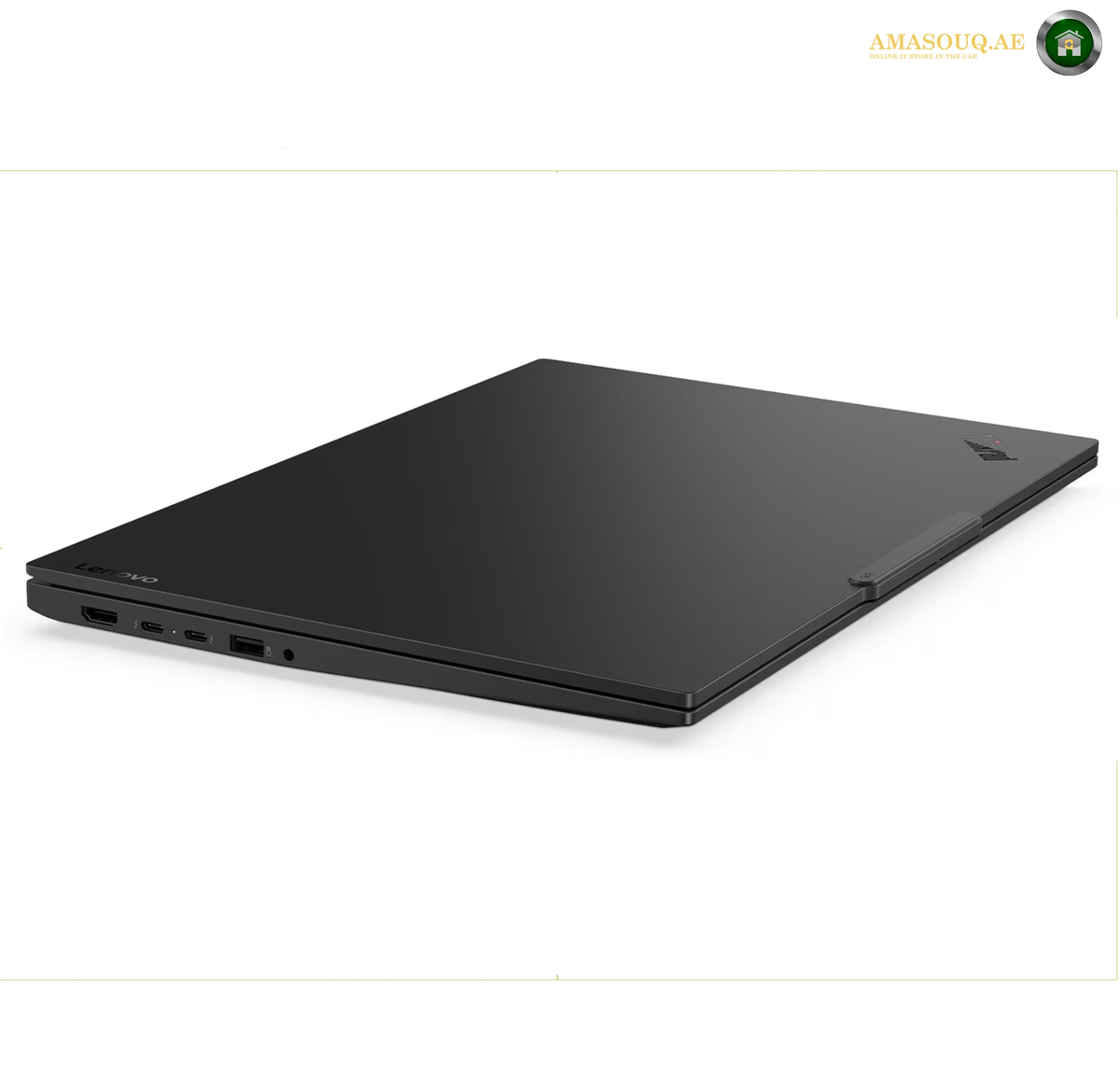 Lenovo ThinkPad E16 Gen 4 laptop with 16GB RAM and 512GB SSD storage | 21YC0030GQ. A black Lenovo ThinkPad laptop shown closed from a side angle, highlighting the slim profile and ports along the left edge, set against a plain white background.