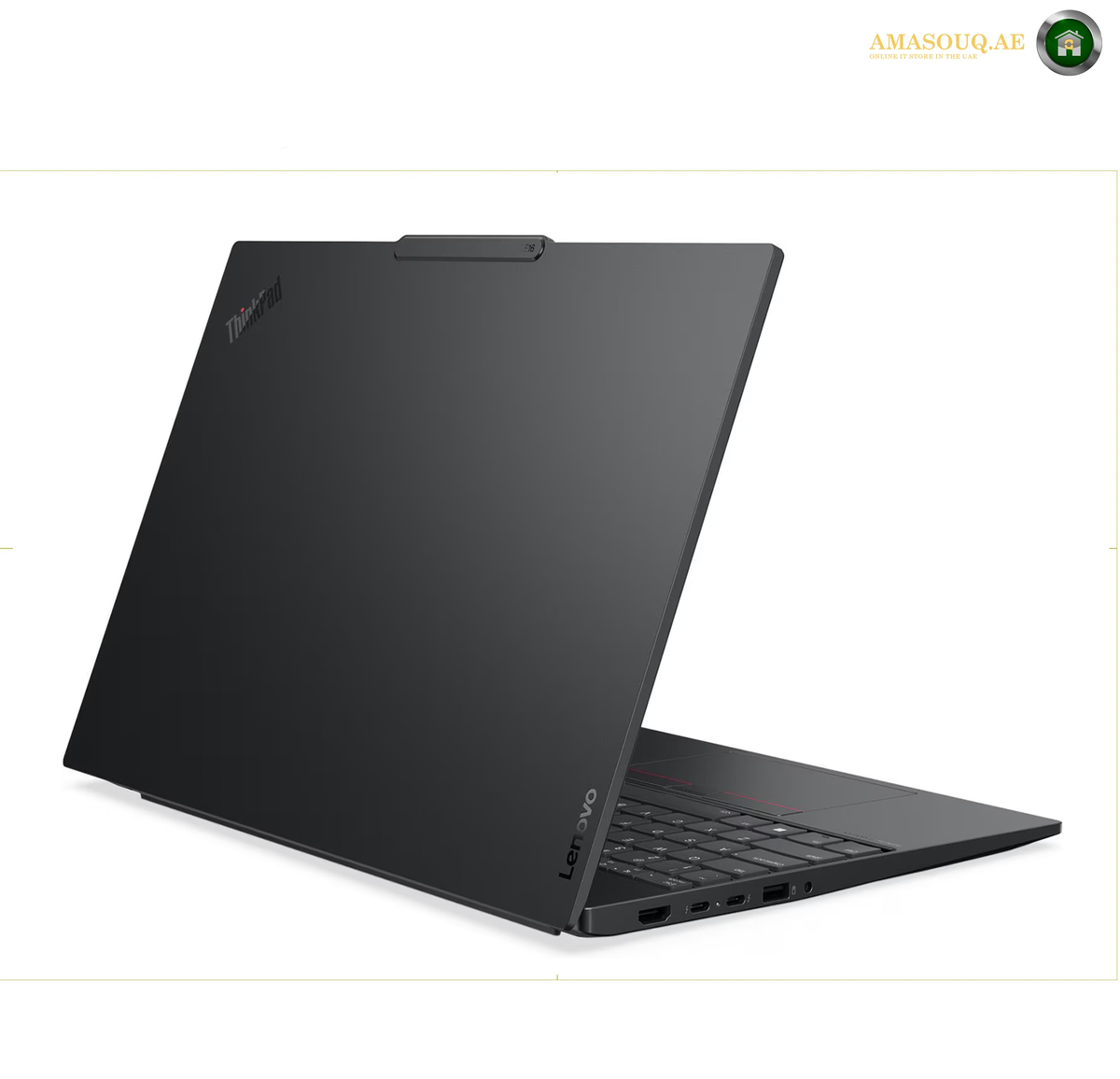 Lenovo ThinkPad E16 Gen 4 Intel Core Ultra 7 355 business laptop | 21YC0030GQ. A Lenovo ThinkPad laptop shown open at an angle, featuring a matte black chassis with a subtle red accent line near the keyboard and a white Lenovo logo on the lower left of the palm rest.