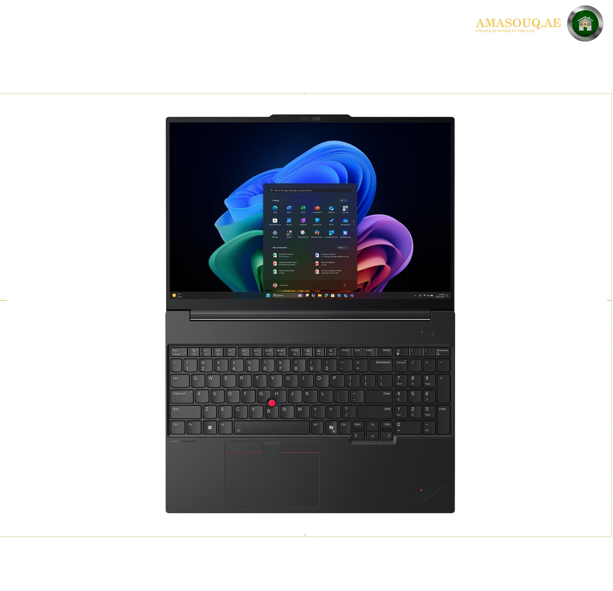 Lenovo ThinkPad E16 Gen 4 keyboard and TrackPoint pointing system close up | 21YC0030GQ. A black Lenovo ThinkPad laptop shown open and centered on a white background, with the screen on displaying a colorful desktop and the ThinkPad keyboard layout below.