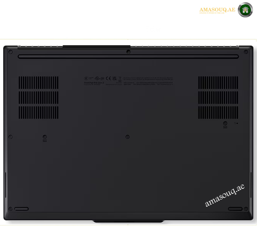 The bottom cover of a black laptop, showing ventilation grilles, regulatory text, and a white 'amasouq.ac' watermark in the bottom right corner. Lenovo ThinkPad P16 Gen 3 mobile workstation rear view