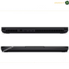 A black laptop shown from two angles: a side profile view displaying various ports along the bottom edge, and a top-down view showing the closed lid with a subtle reflection. Lenovo ThinkPad P16 Gen 3 Arabic backlit keyboard