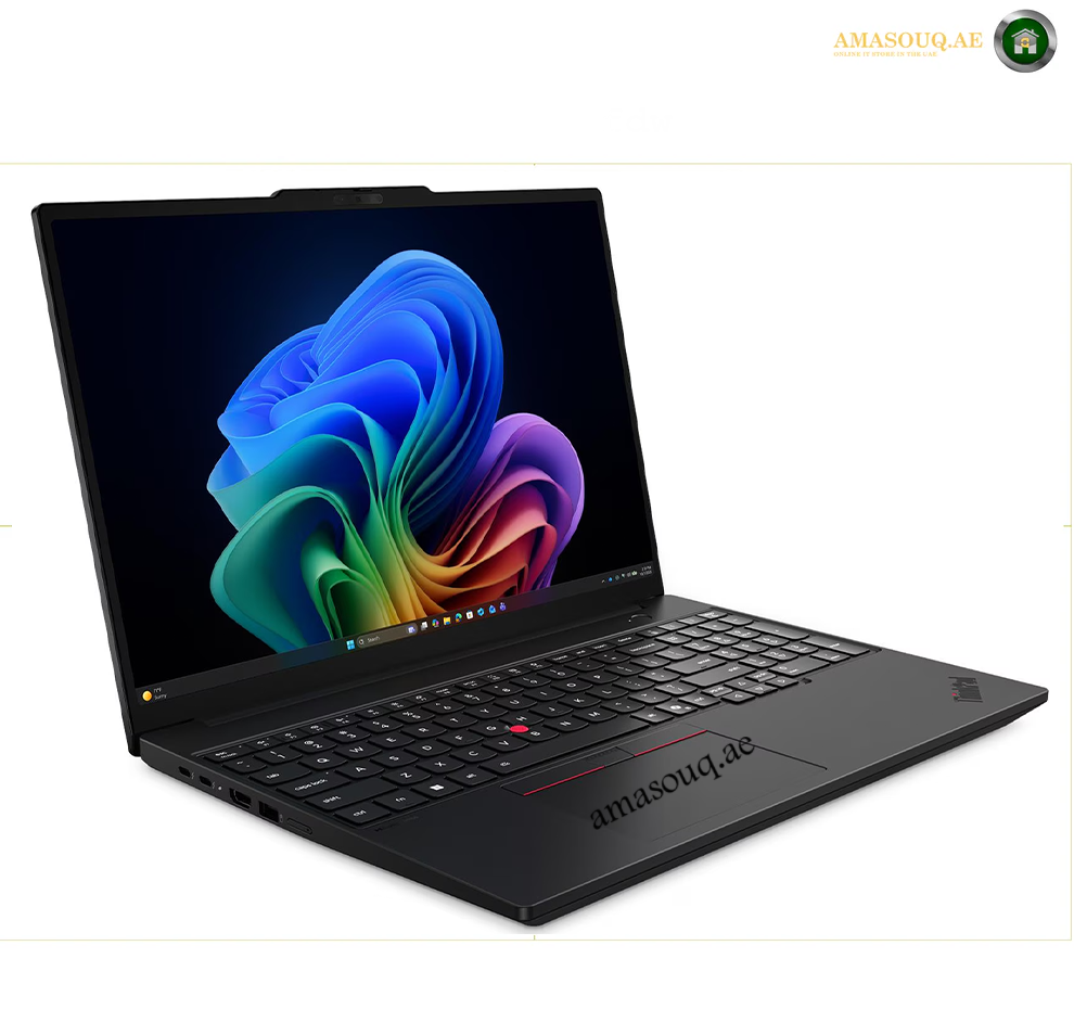 A black Lenovo ThinkPad laptop shown open at a three-quarter angle on a white background, with the screen displaying a colorful abstract wallpaper. The brand name 'amasouq.