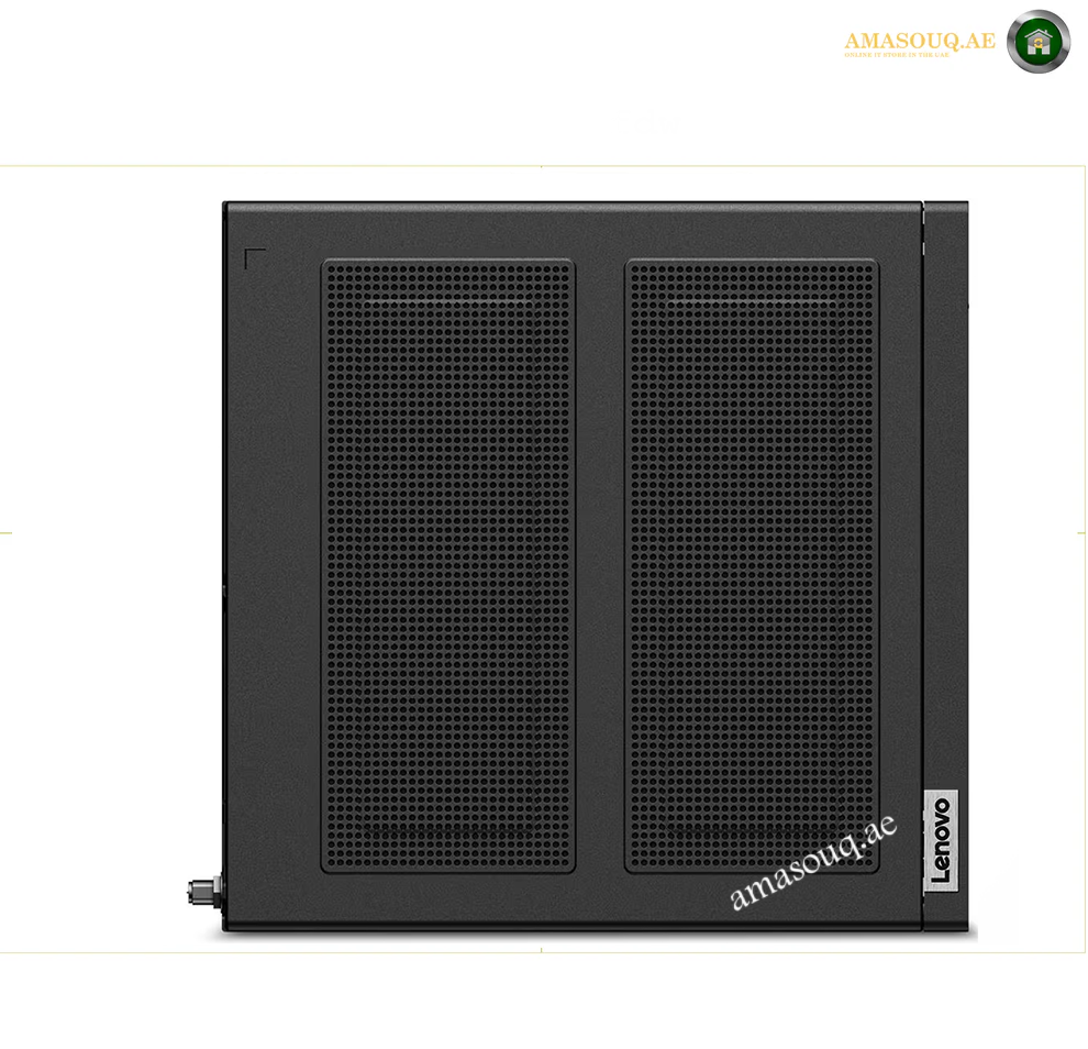 Lenovo ThinkStation P3 Tiny 30K5002VAX 16GB RAM 512GB SSD. A black Lenovo desktop tower computer chassis shown from the front, featuring two large ventilation grilles and a Lenovo logo on the lower right side, set against a plain white background.