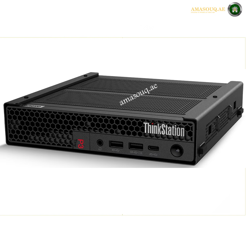 Lenovo ThinkStation P3 Tiny Gen 2 30K50039AX Front View. ThinkStation mini desktop computer in black, featuring a compact chassis with a honeycomb front grille, multiple front ports, and a top-mounted cooling vent, shown on a white background.