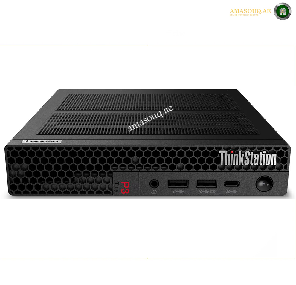 Lenovo ThinkStation P3 Tiny Gen 2 30K5002VAX Front View. ThinkStation R3 mobile workstation desktop computer in black, featuring a honeycomb front grille, multiple ports on the front, and Lenovo branding on the left side.