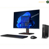 A desktop computer setup with a black monitor, keyboard, mouse, and tower PC on a white background. The monitor displays a blue abstract wallpaper and a smartphone screen mockup.