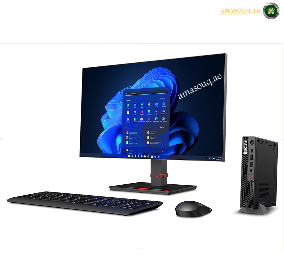 A desktop computer setup with a black monitor, keyboard, mouse, and tower PC on a white background. The monitor displays a blue abstract wallpaper and a smartphone screen mockup.
