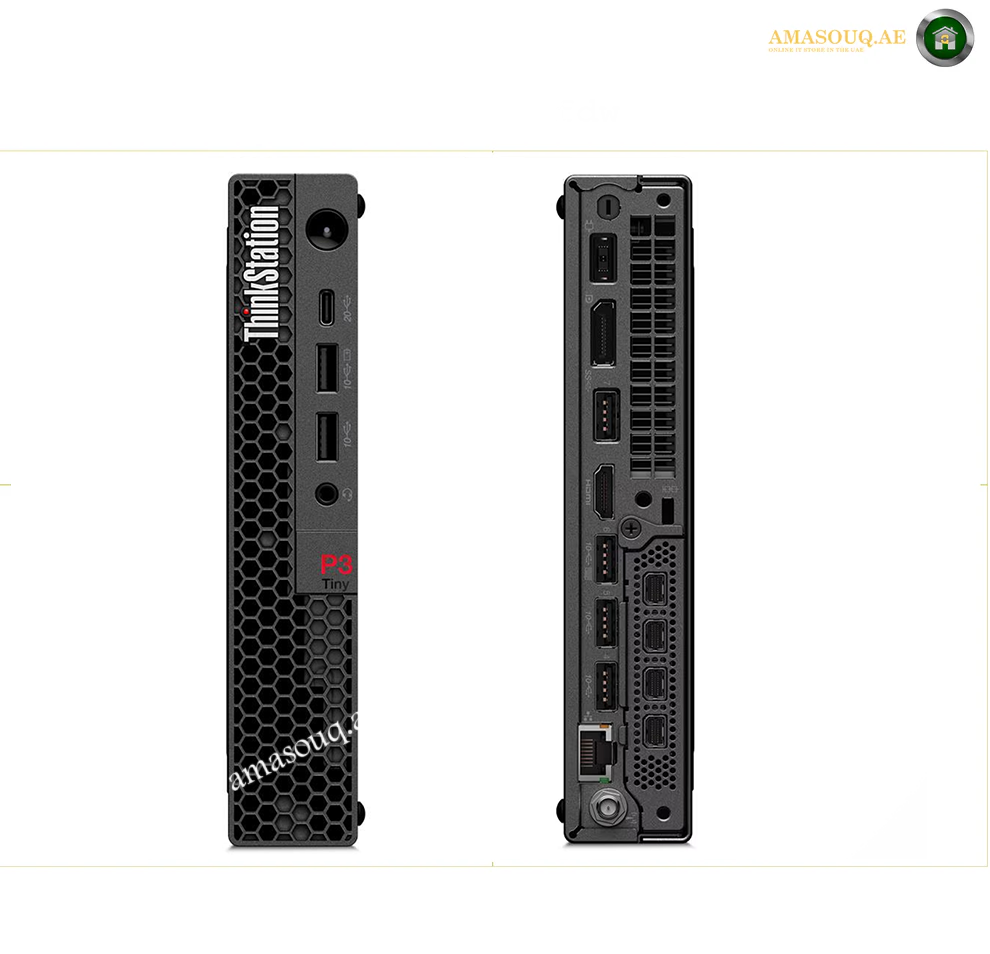 Lenovo ThinkStation P3 Tiny Gen 2 Compact Workstation Side View. Front and back views of a ThinkStation desktop workstation computer on a white background, showing the black chassis, front I/O panel, and rear expansion ports.