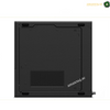 Lenovo ThinkStation P3 Tiny with NVIDIA RTX A400 4GB Graphics. The back view of a black metal computer case, showing a vented grille on the lower section and mounting holes, photographed against a white background.