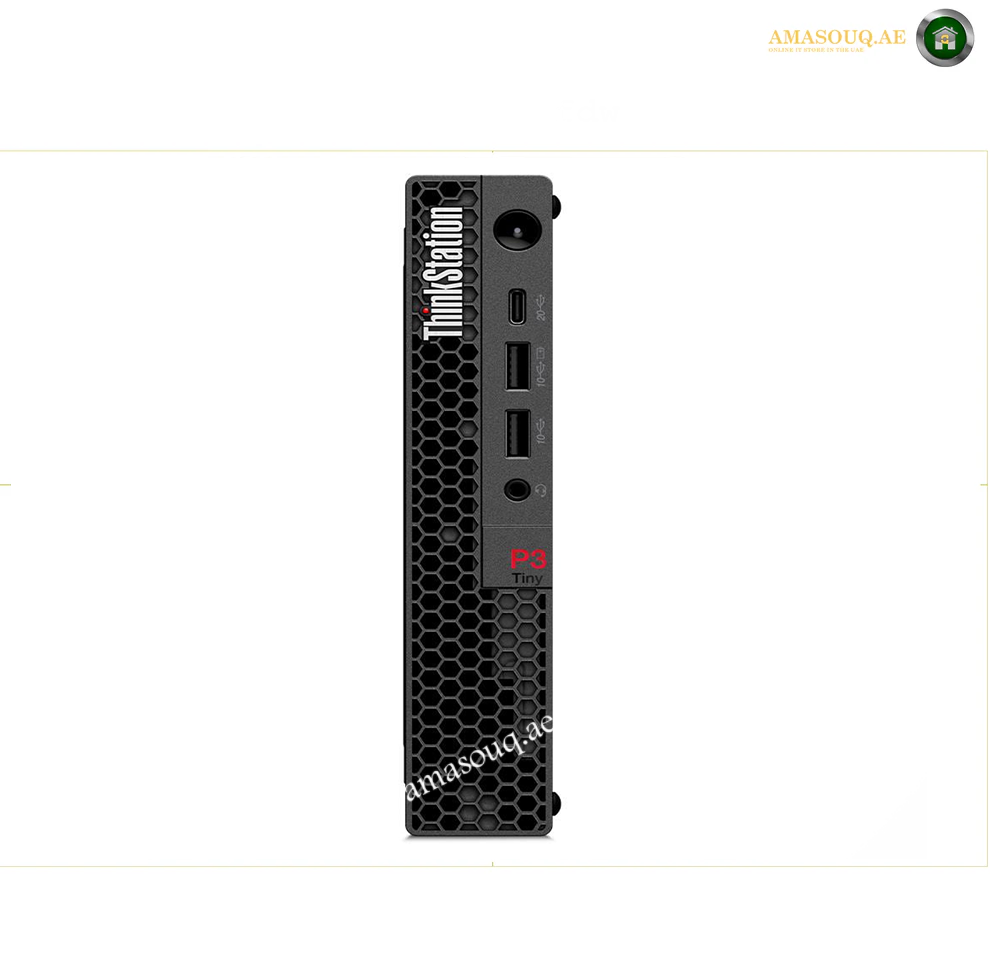 Lenovo ThinkStation P3 Tiny Gen 2 Intel Core Ultra 7 265T. ThinkStation W12 mobile workstation desktop tower in black, featuring a honeycomb-patterned front grille, vertical branding, and front I/O ports including USB-A, USB-C, and audio jacks, shown on a white background.